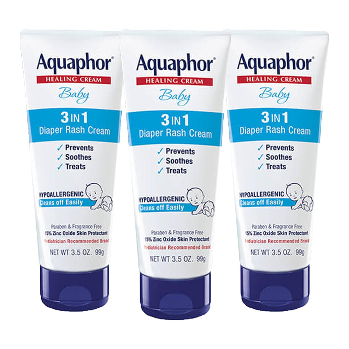 Aquaphor Baby Diaper Rash Cream with Zinc Oxide, Multipack, 3 x 3.5 OZ