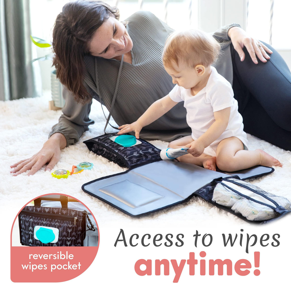 Kopi Baby Portable Diaper Changing Pad, Wipes Pocket, Classic Black Arrows