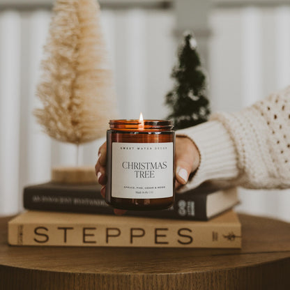 Sweet Water Decor Fraser Fir Candle, 9oz Amber Glass Jar, Winter Scent