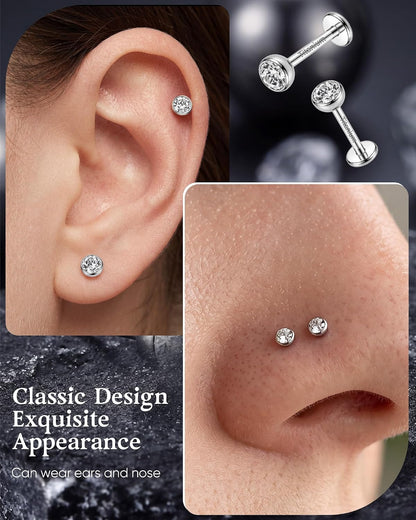 2Pcs Implant Titanium Threadless Flat Back 5A CZ Stud Earrings