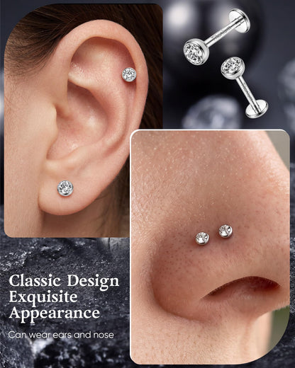 2Pcs Implant Titanium Threadless Flat Back 5A CZ Stud Earrings