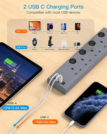Extension Lead with USB Slots(2 USB C), 4 Way Plug Extension Socket, 1.8M