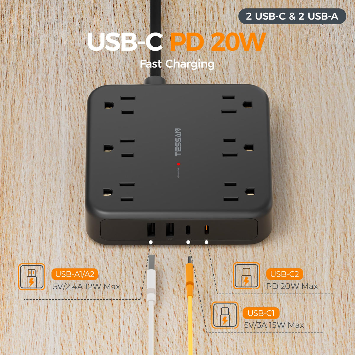 TESSAN Surge Protector Power Strip, 5Ft Flat Plug Extension Cord, White