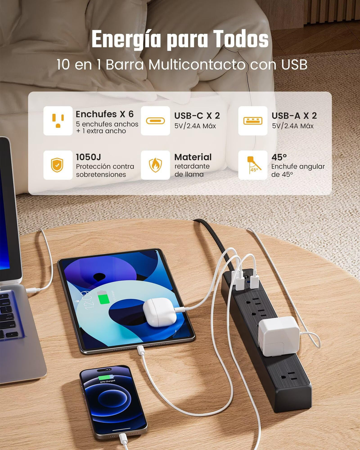 SUPERDANNY 6Ft Thin Extension Cord, Flat Plug Surge Protector Power Strip