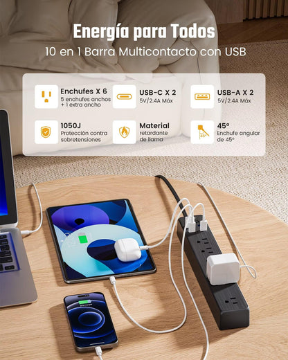 SUPERDANNY 6Ft Thin Extension Cord, Flat Plug Surge Protector Power Strip