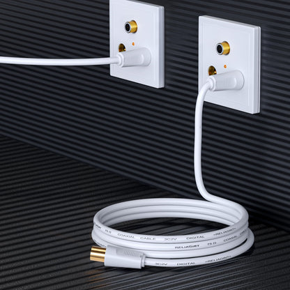 TV Aerial Cable 0.5m, 75 Ohm Coaxial Lead, IEC 9.5mm Male to Male 3C2V Pure Copper Dual Shielded, Right-Angle Connector, Female to Female Adaptor Included, Black