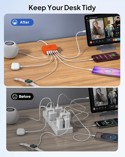 USB Fast Charger Block 50% Smaller 100W Max 6-Port GaN USB Charging Station
