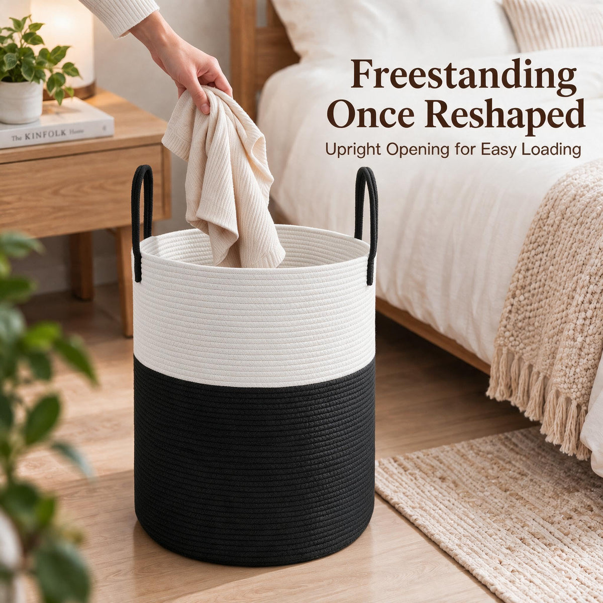 JMvicyroam 80L Nursery Hamper, Cotton Rope Laundry Basket, Brown&Black