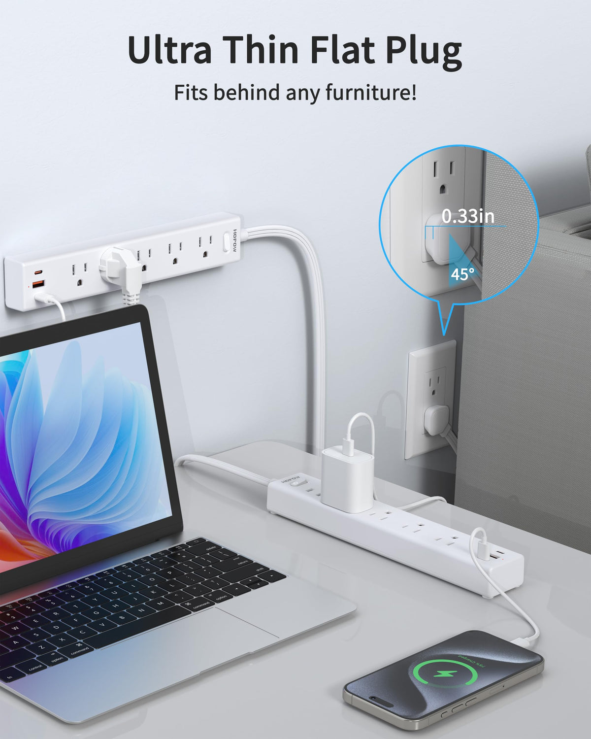 5 Outlets 2 Prong Power Strip with 3USB, 6FT Extension Cord for Old House
