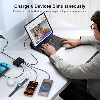 USB Fast Charger Block 50% Smaller 100W Max 6-Port GaN USB Charging Station