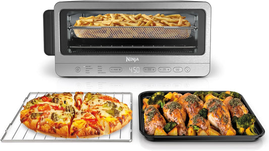 Ninja Flip Toaster Oven & Air Fryer, 8-in-1 Functionality, Flip Up for Storage Space, Large Capacity, Air Fry Basket, Wire Rack, Sheet Pan, Removable Crumb Tray, Stainless, 1800 Watts, SP151 (Renewed)
