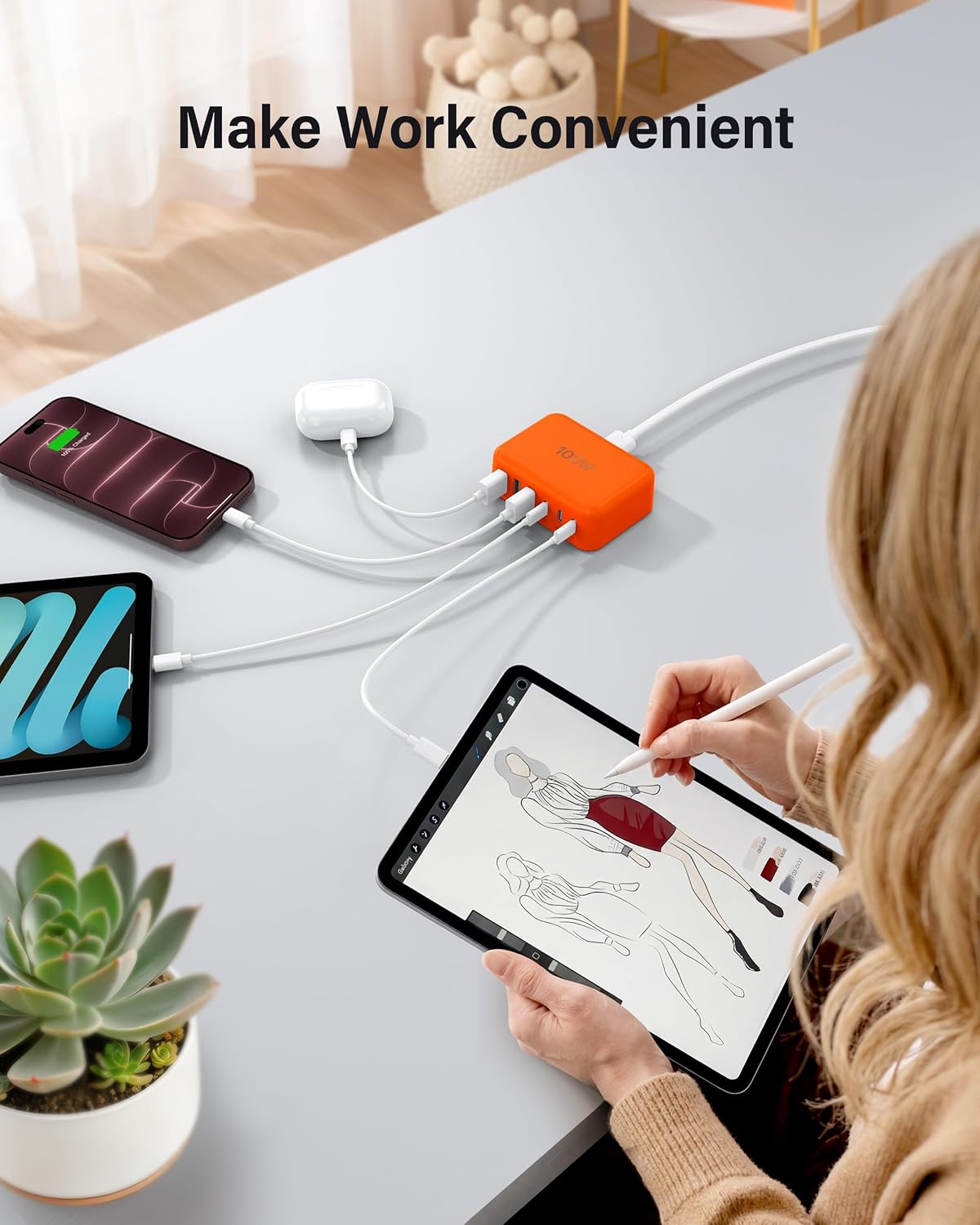USB Fast Charger Block 50% Smaller 100W Max 6-Port GaN USB Charging Station
