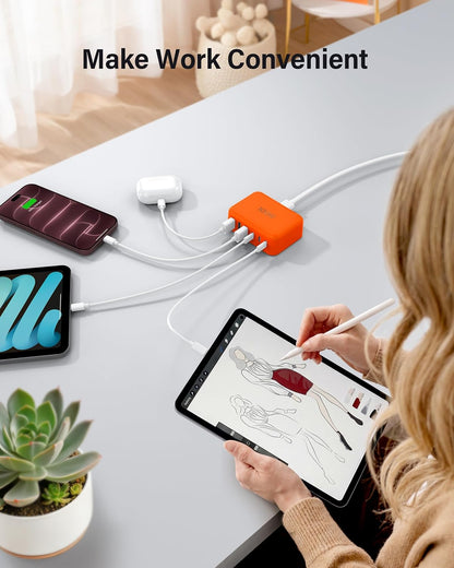 USB Fast Charger Block 50% Smaller 100W Max 6-Port GaN USB Charging Station