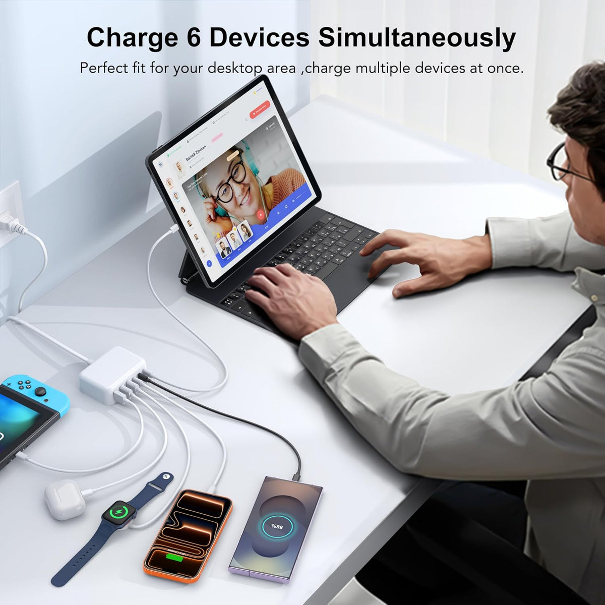 USB Fast Charger Block 50% Smaller 100W Max 6-Port GaN USB Charging Station