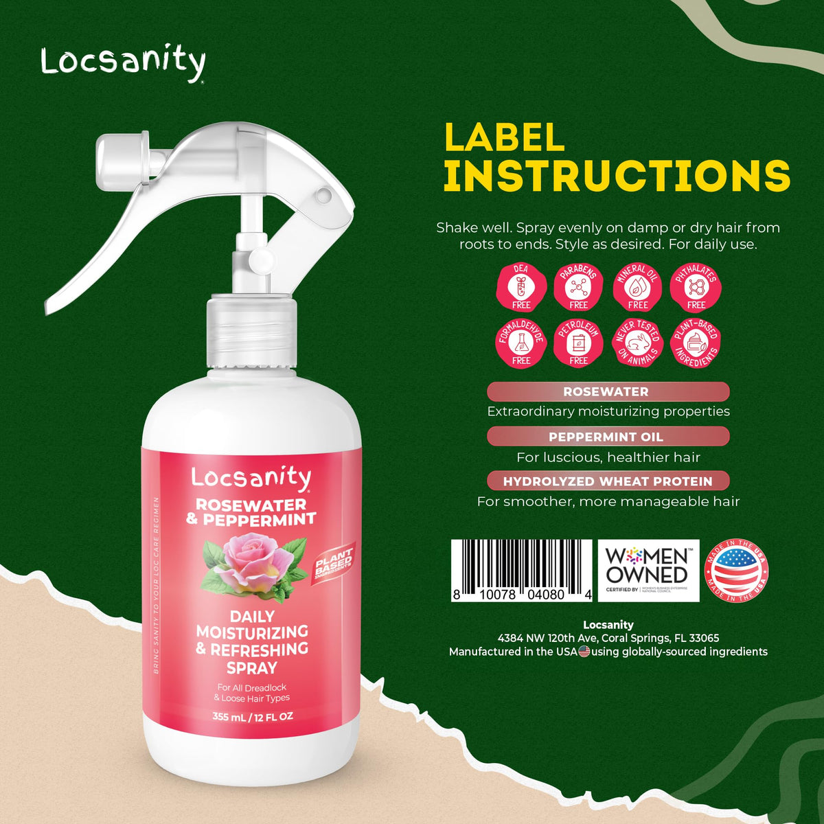 Loc Spray - Locsanity Daily Moisturizing Rosewater & Peppermint Spray for Locs, Dreadlocks - Lightweight Frizz Control Hair & Scalp Moisturizer - Natural Loc Care (8 fl oz)