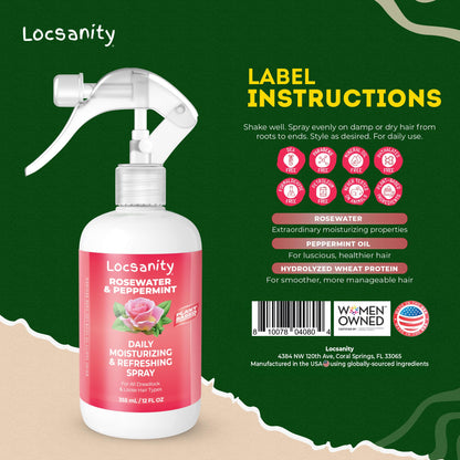 Loc Spray - Locsanity Daily Moisturizing Rosewater & Peppermint Spray for Locs, Dreadlocks - Lightweight Frizz Control Hair & Scalp Moisturizer - Natural Loc Care (8 fl oz)