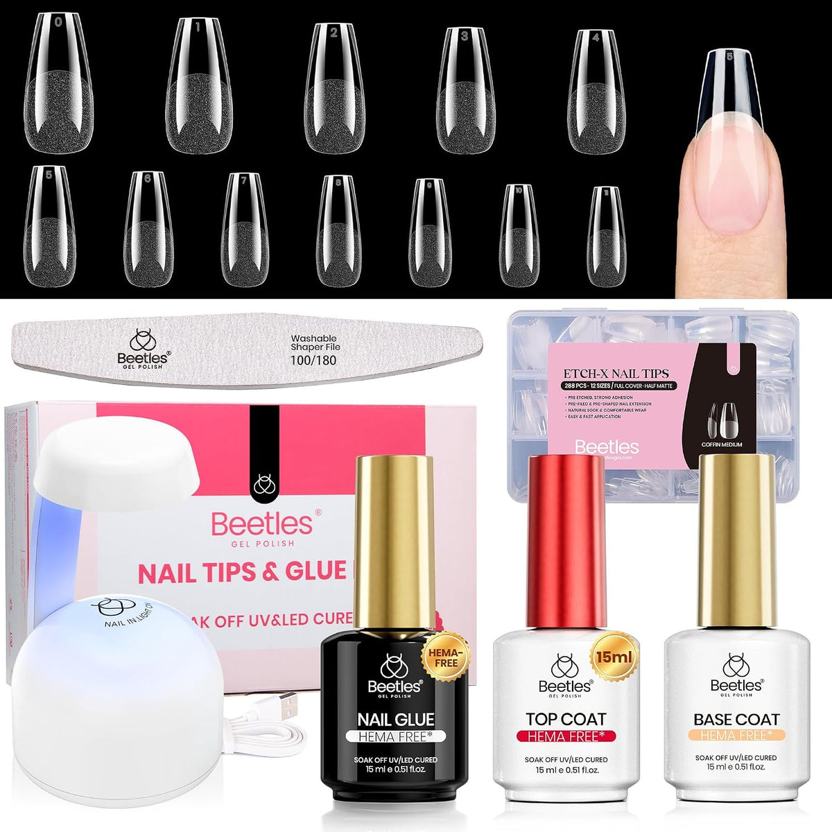 Beetles Soft Gel Nail Kit Almond Short 288pcs 12 Sizes Nail Tips with Glue