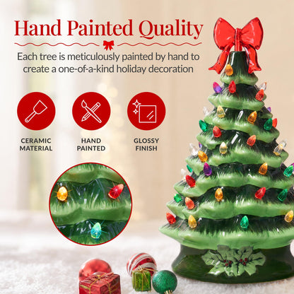 Best Choice Products 15in Ceramic Christmas Tree, Pre-lit Hand-Painted Tabletop Holiday Tree, Star Topper, 64 Lights - Green w/Multicolored Bulbs