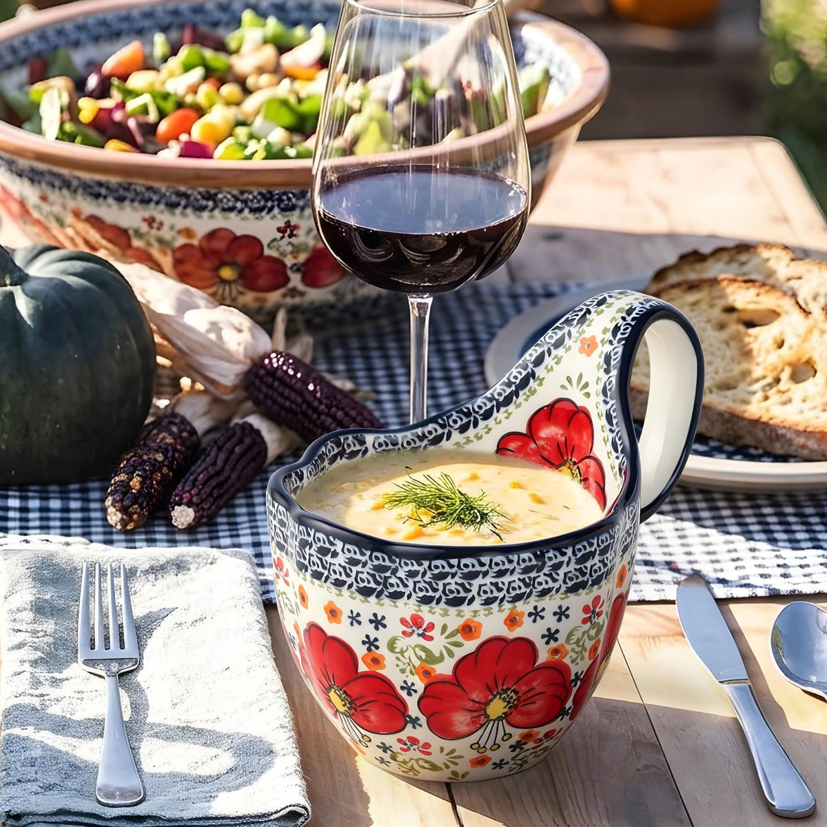 ALMA Handpainted Soup Bowl with Large Loop Handle,Easier Secure Grip