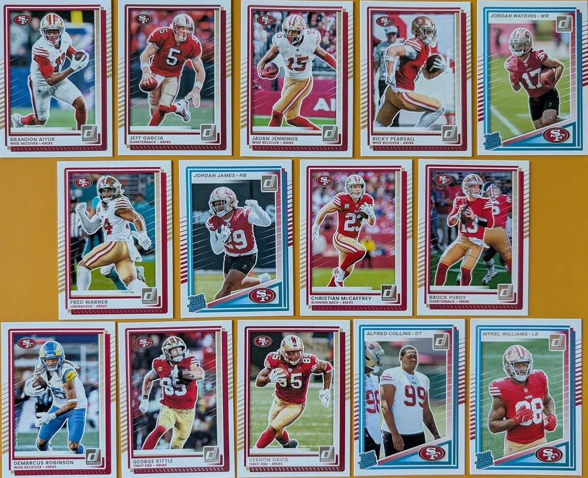 San Francisco 49ers 2025 Donruss Factory Sealed 14 Card Team Set Featuring Brock Purdy, Christian McCaffrey and George Kittle Plus Mykel Williams, Alfred Collins, Jordan Watkins and James Rookies