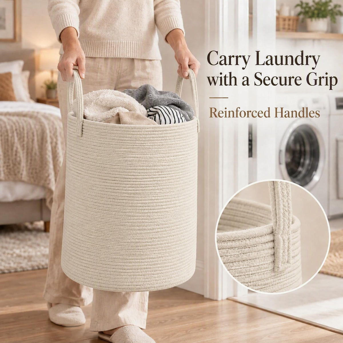 JMvicyroam 80L Nursery Hamper, Cotton Rope Laundry Basket, Brown&Black
