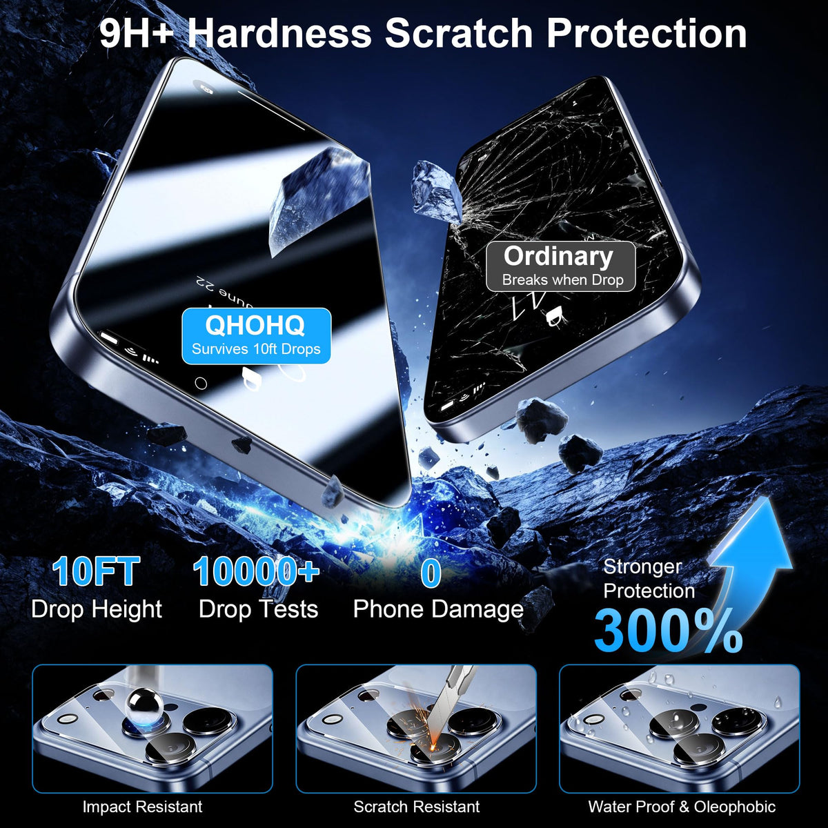 QHOHQ 3 Pack Screen Protector for iPhone 14 Plus 6.7 Inch with 3 Pack Tempered Glass Camera Lens Protector, Ultra HD, 9H Hardness, Case Friendly [Easy to Install Frame]