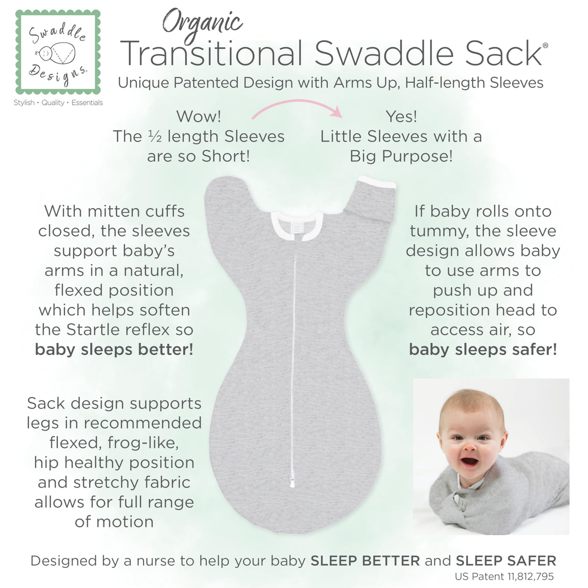 SwaddleDesigns Transitional Swaddle Sack, Cotton, Heathered Gray, 6-9mo