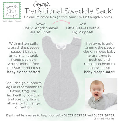 SwaddleDesigns Transitional Swaddle Sack, Cotton, Heathered Gray, 6-9mo