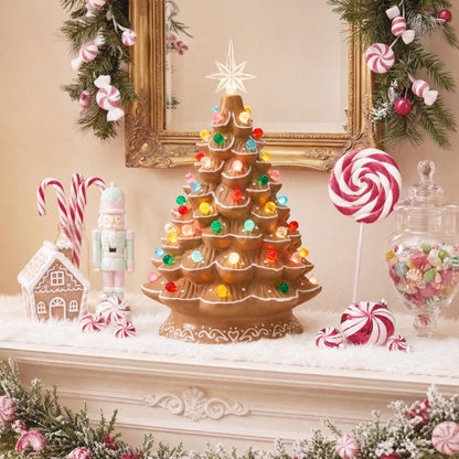 Best Choice Products 15in Ceramic Christmas Tree, Pre-lit Hand-Painted Tabletop Holiday Tree, Star Topper, 64 Lights - Green w/Multicolored Bulbs