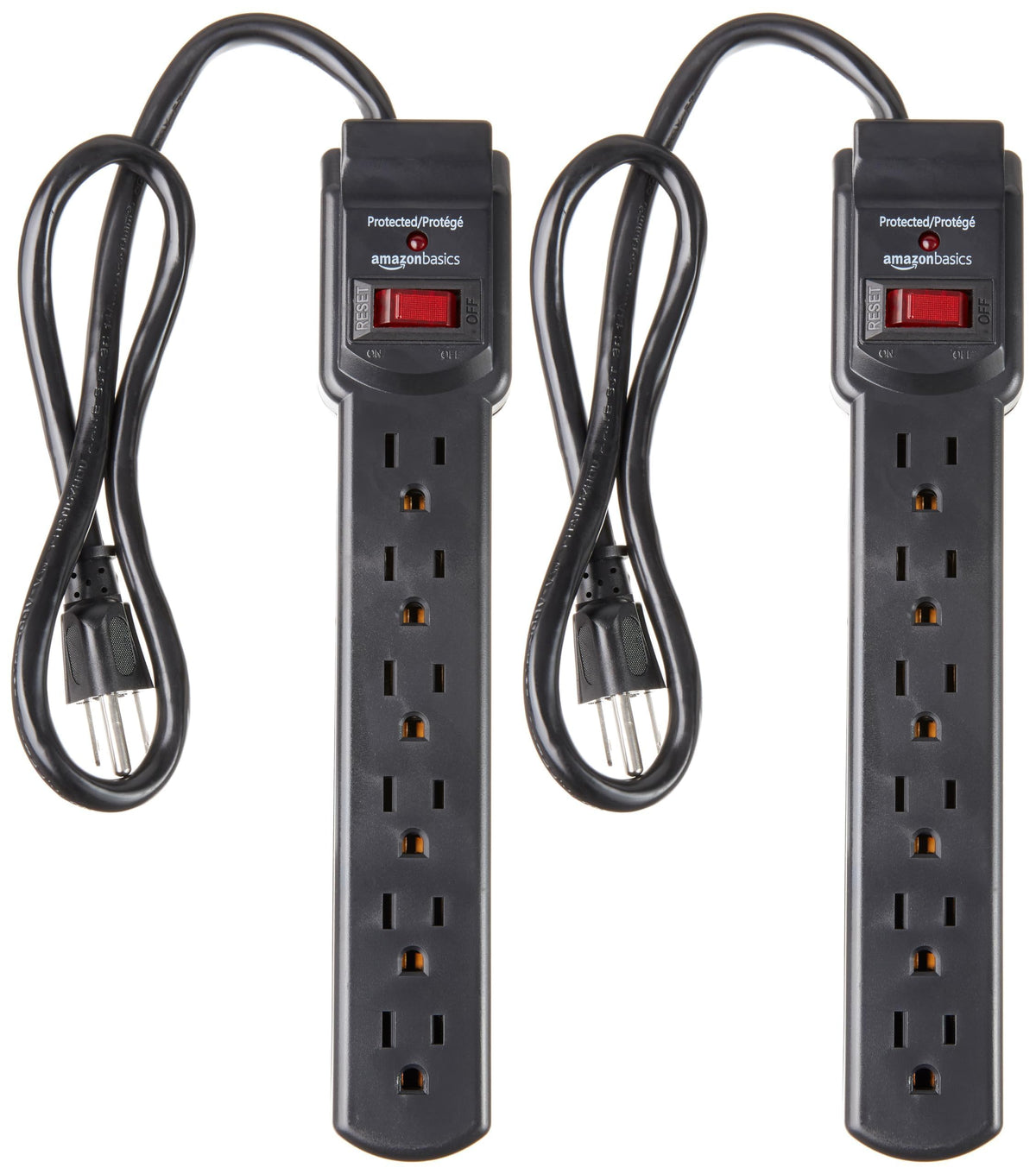Amazon Basics Surge Protector Power Strip, 6-Outlet with 200J Protection, Circuit Breaker, LED Indicator, On/Off Switch, Wall-Mounting, 2ft Extension Cord, White, 2-Pack