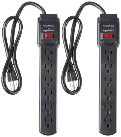 Amazon Basics Surge Protector Power Strip, 6-Outlet with 200J Protection, Circuit Breaker, LED Indicator, On/Off Switch, Wall-Mounting, 2ft Extension Cord, White, 2-Pack