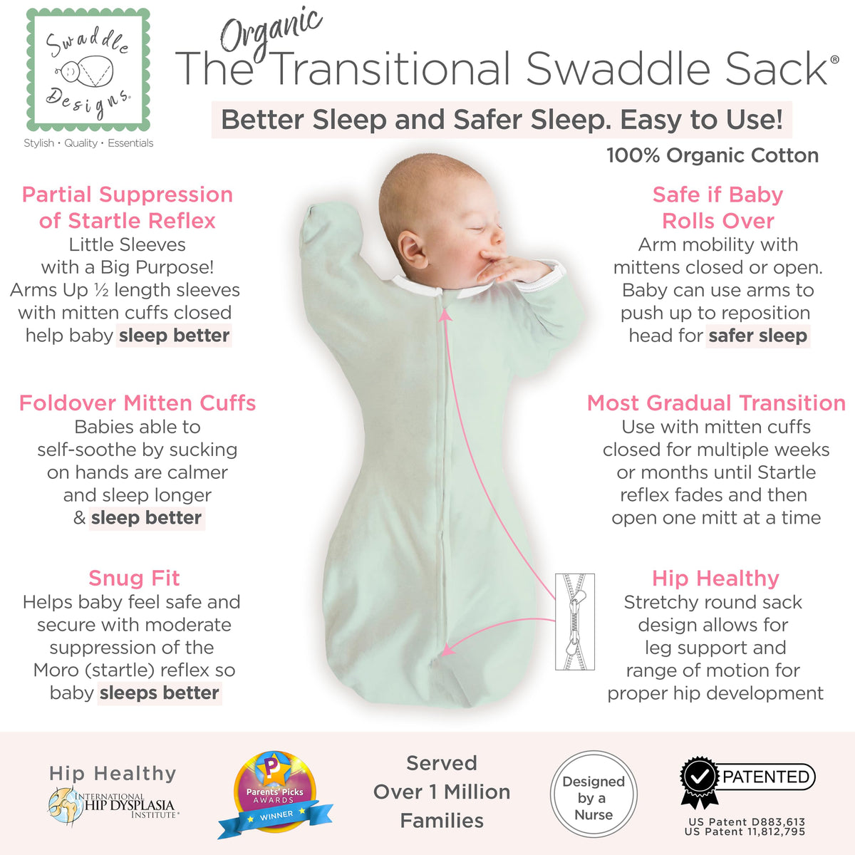 SwaddleDesigns Transitional Swaddle Sack, Cotton, Heathered Gray, 6-9mo