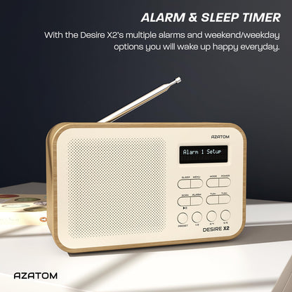 DAB/DAB+ & FM Portable Digital Radio | Simple Controls | Dual Alarms & Sleep Timer | Battery & Mains Powered (4x”AA”) | Bluetooth | Perfect for Home, Office or Outdoors | AZATOM Desire X2 (Black)