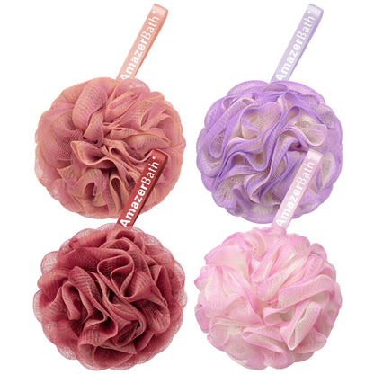 AmazerBath Loofah Sponge 75g/Piece, Exfoliating Bath Sponge Body Scrubber - Loofa Set of 4 Flower Color (Large, Green-Purple)