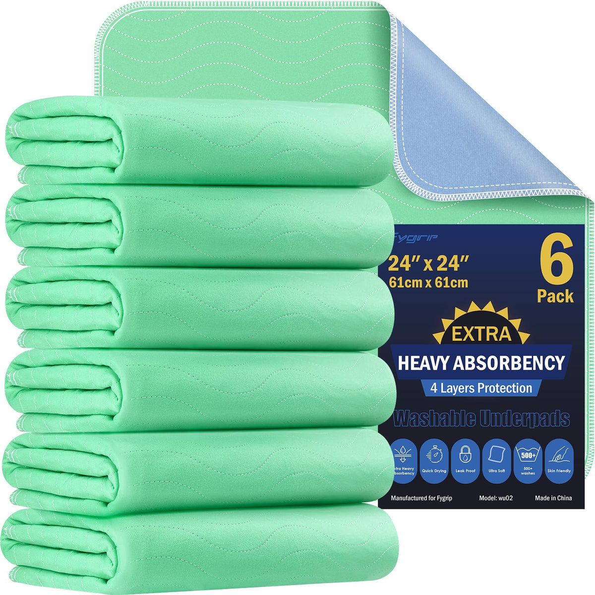 Fygrip 4 Pack 36” x 36” Extra Heavy Absorbency Washable Underpads Bed Pads