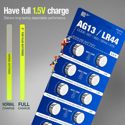 LR44 AG13 A76 357 SR44 L1154 1.5V Alkaline Button Cell Batteries (10 Pack) – High Capacity Coin Batteries for Watches, Key Fobs, Toys & Small Electronics
