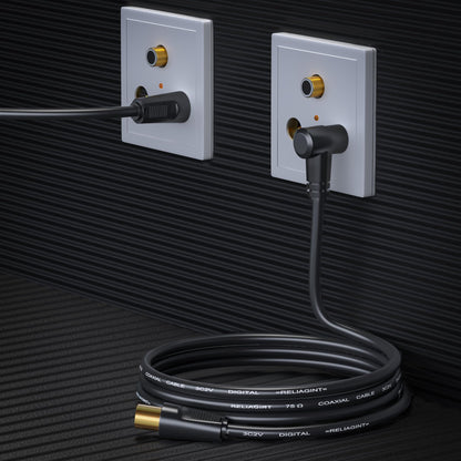 TV Aerial Cable 0.5m, 75 Ohm Coaxial Lead, IEC 9.5mm Male to Male 3C2V Pure Copper Dual Shielded, Right-Angle Connector, Female to Female Adaptor Included, Black
