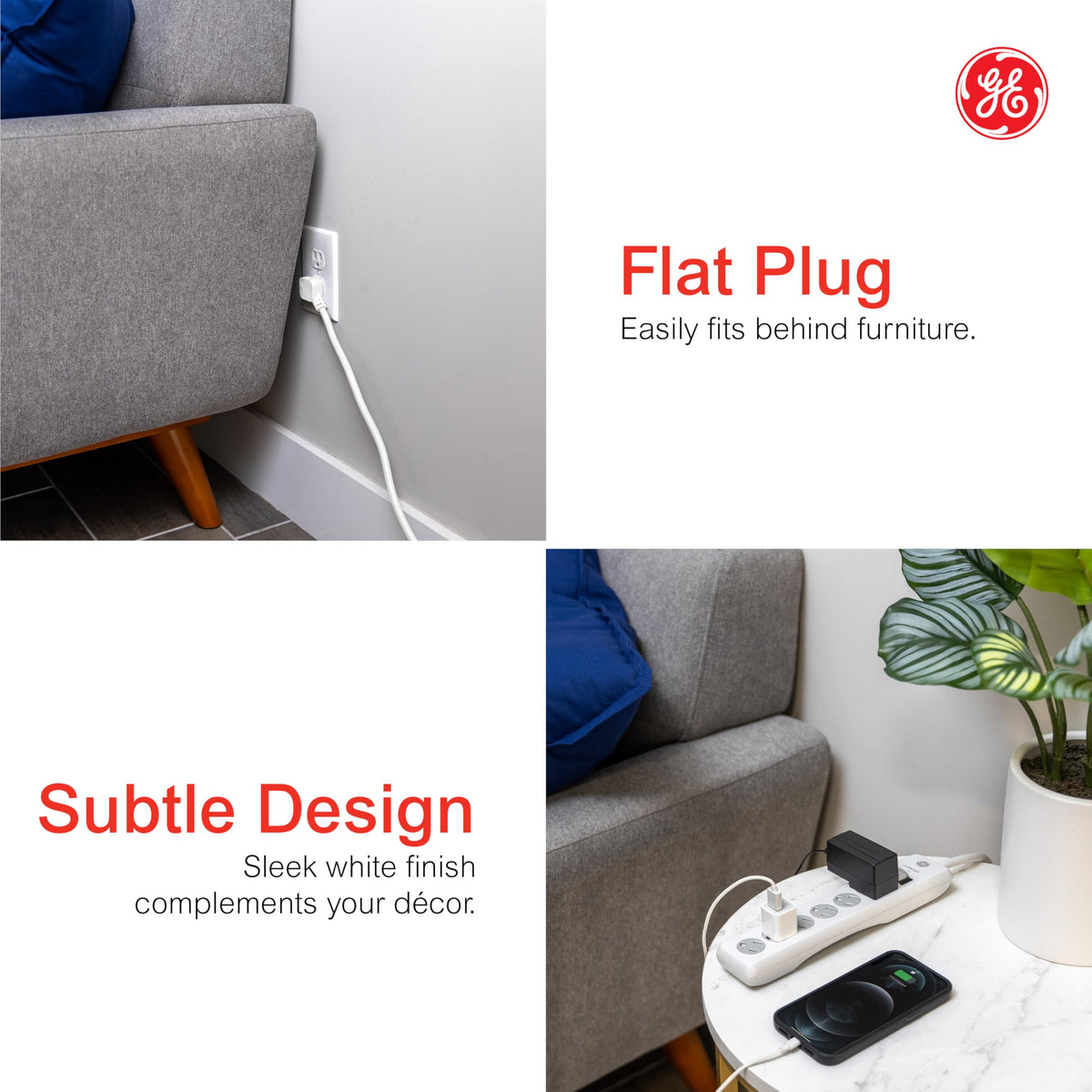 GE Surge Protector Power Strip, 2 Pack, 6 Ft Extension Cord