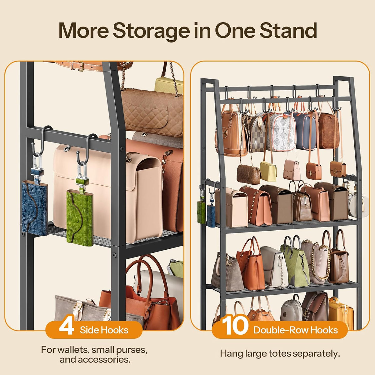HOOBRO 3-Tier Purse Organizer for Closet, Purse Rack Stand with 14 Hooks