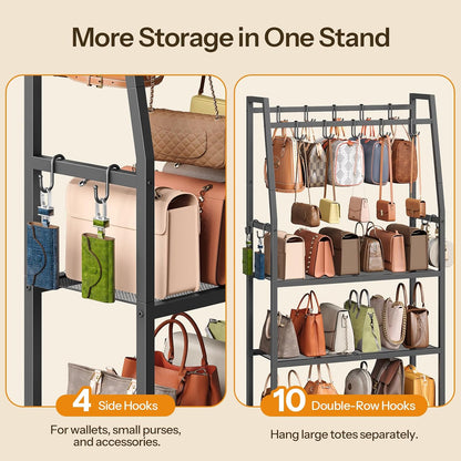 HOOBRO 3-Tier Purse Organizer for Closet, Purse Rack Stand with 14 Hooks