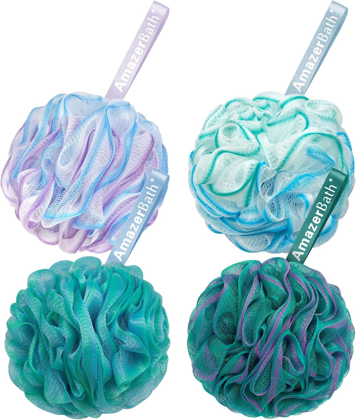 AmazerBath Loofah Sponge 75g/Piece, Exfoliating Bath Sponge Body Scrubber - Loofa Set of 4 Flower Color (Large, Green-Purple)