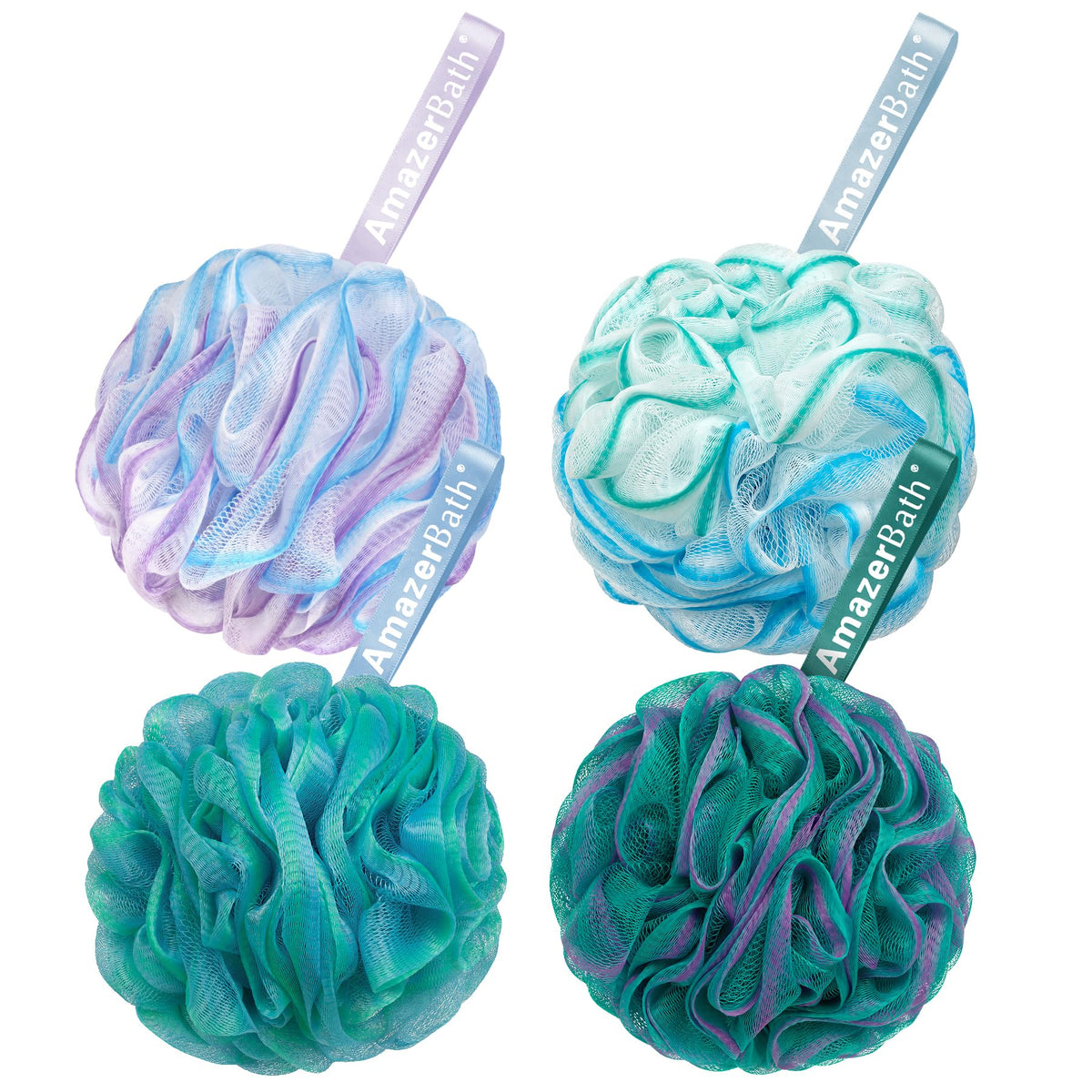 AmazerBath Loofah Sponge 75g/Piece, Exfoliating Bath Sponge Body Scrubber - Loofa Set of 4 Flower Color (Large, Green-Purple)