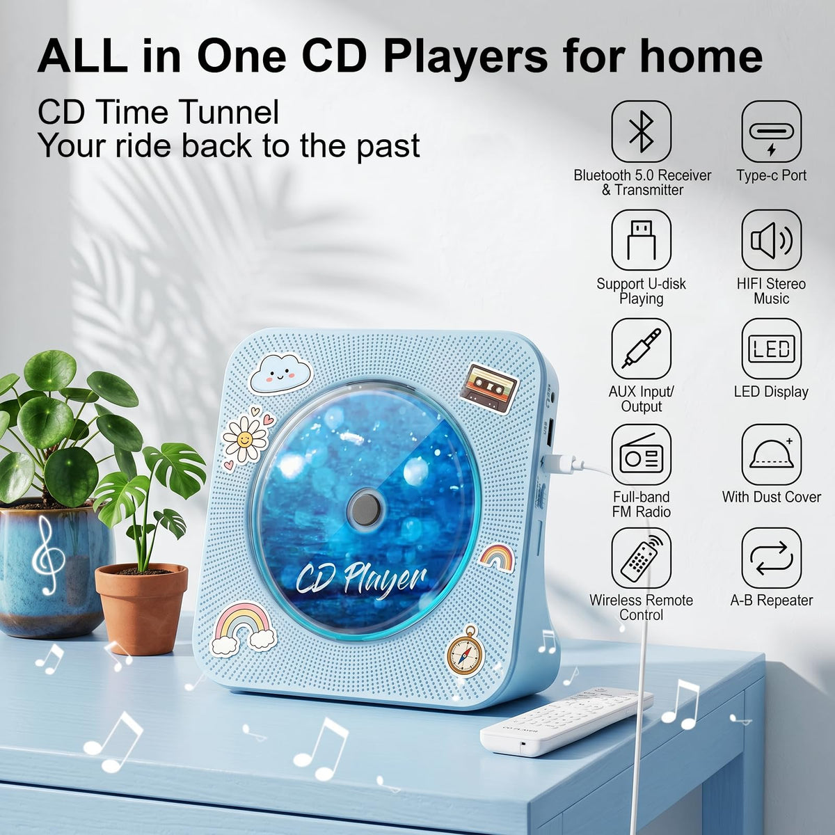 Gueray CD Player Portable Bluetooth Desktop CD Player for Home (Black)