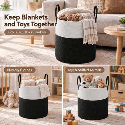 JMvicyroam 80L Nursery Hamper, Cotton Rope Laundry Basket, Brown&Black