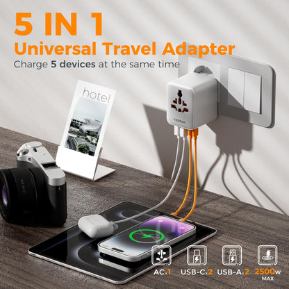 TESSAN Universal Travel Adapter, 28W Worldwide Plug with 2 USBA and 3 USBC