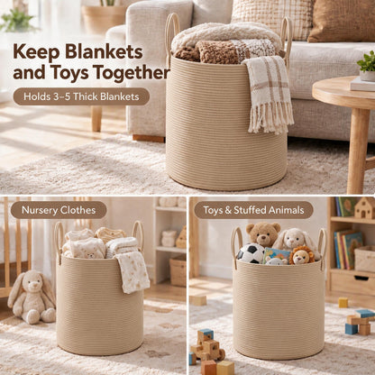 JMvicyroam 80L Nursery Hamper, Cotton Rope Laundry Basket, Brown&Black