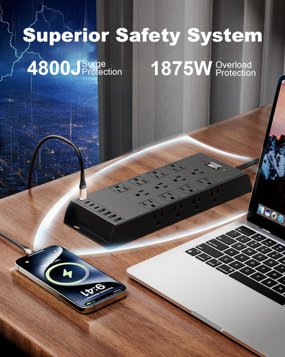 Surge Protector Power Strip 4800J, LeZone 10Ft Long Extension Cord Flat Plug, 20 Outlets 4 USB-A 4 USB-C Ports, Wall Mountable, Home Office Dorm Essentials, Black