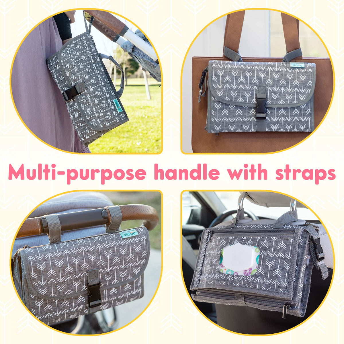 Kopi Baby Portable Diaper Changing Pad, Wipes Pocket, Classic Black Arrows