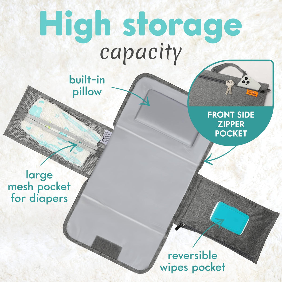 Kopi Baby Portable Diaper Changing Pad, Wipes Pocket, Classic Black Arrows