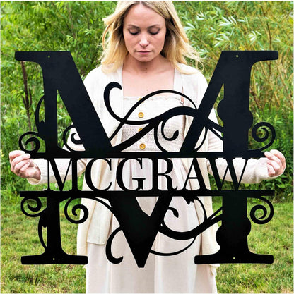 Custom Metal Name Sign | Split Letter Monogram | Outdoor Last Name Sign